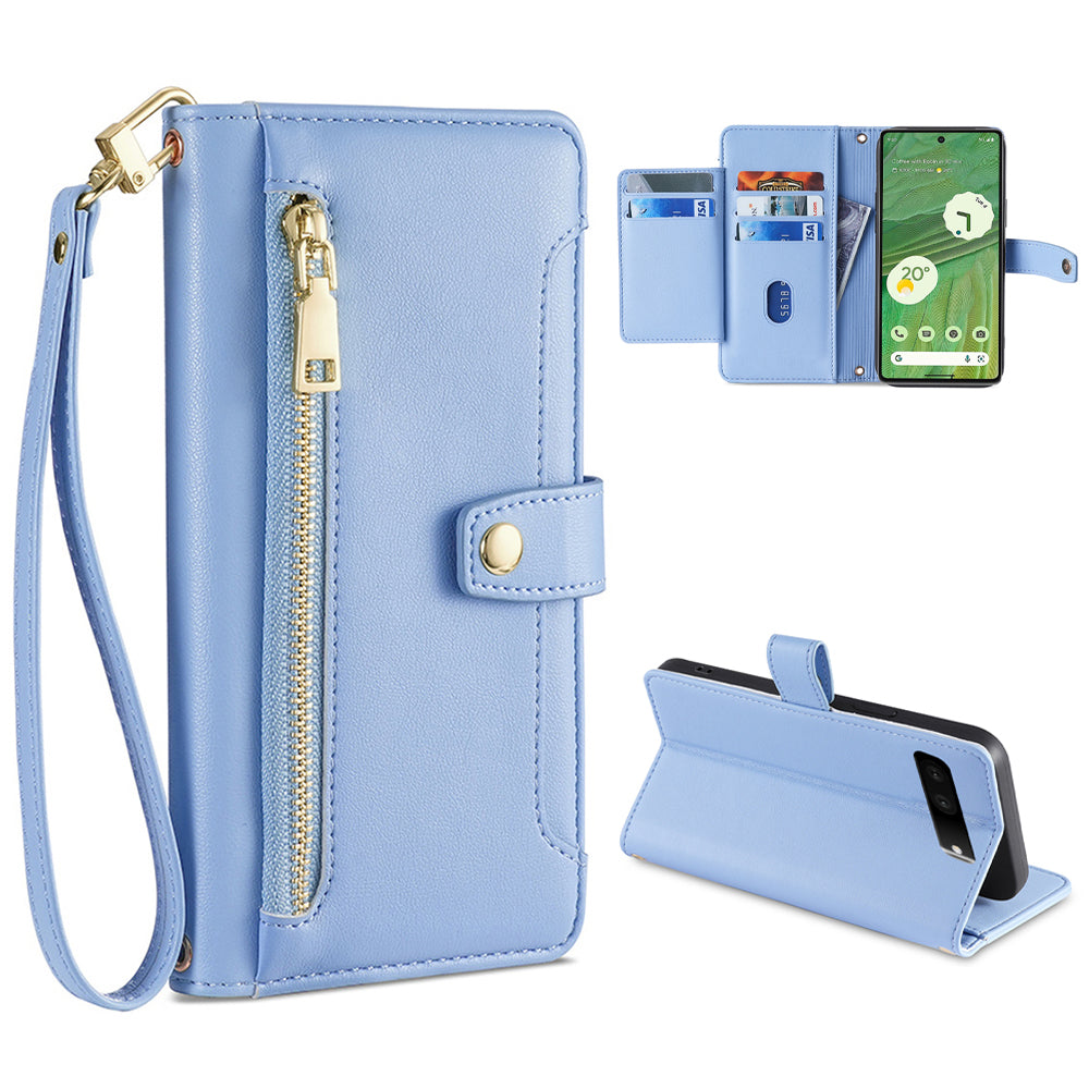 For Google Pixel 7 5G Textured PU Leather Zipper Pocket Wallet Phone Case Stand Multiple Card Slots Magnetic Closure Cover with Wrist Strap and Shoulder Strap For Google Pixel 7 5G Textured PU Leather Zipper Pocket Wallet Phone Case Stand Multiple Card Slots Magnetic Closure Cover with Wrist Strap and Shoulder Strap